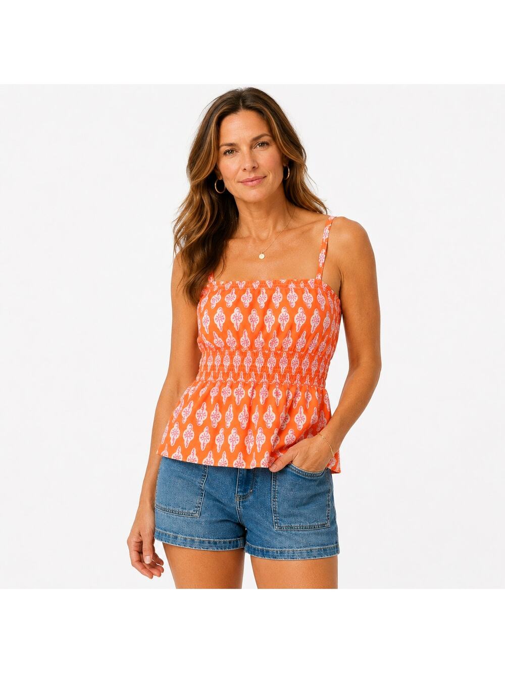 J.Crew Sleeveless Top Printed Strappy Shirred Peplum Orange Size 12